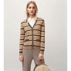 Tory Burch Medeline Size XL 100% Meriono Wool  V-Neck Striped Cardigan Logo